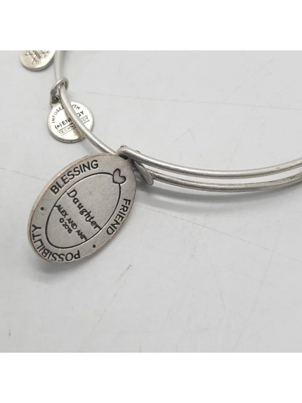 Alex And Ani Daughter Charm Bangle Bracelet Adjustable Silver-Tone Floral Design